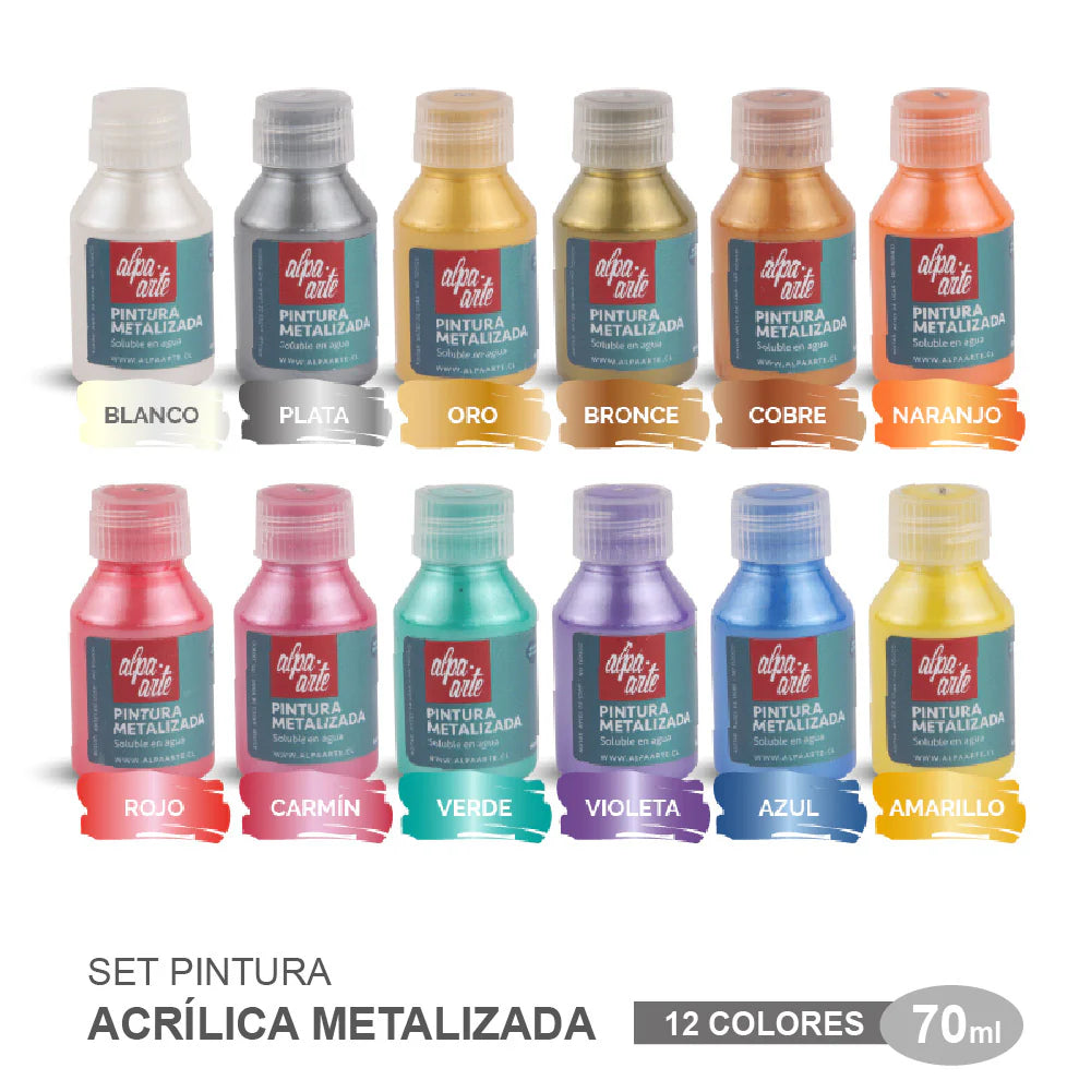 Set de Pinturas Acrílicas 70 ml COLORES METALIZADOS - 12 colores